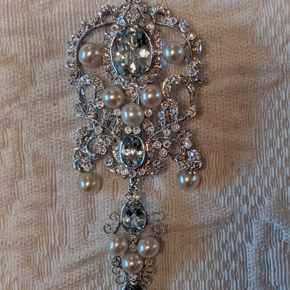 18K/Diamond/Aqua/Pearl Brooch Victorian Style - Picture 15 of 15